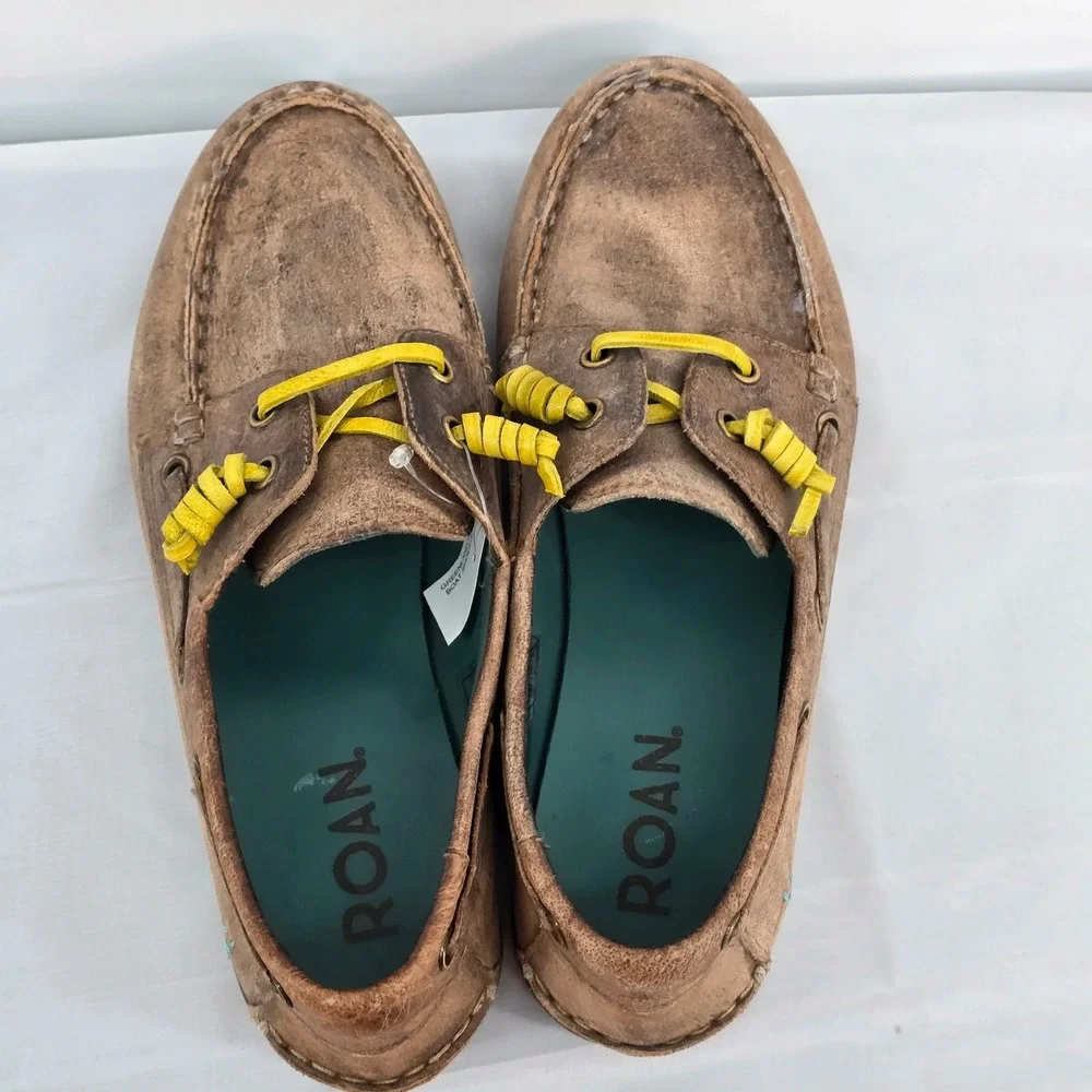 ROAN Women’s Brown Leather Boat Shoes with Yellow Laces